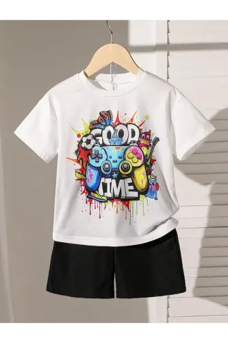 Boy's White-Black Good Time Printed Shorts T-shirt Set-whitez 