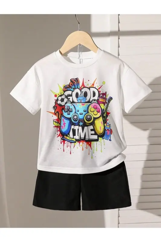 Boy's White-Black Good Time Printed Shorts T-shirt Set-whitez - MORNİNG KİDS