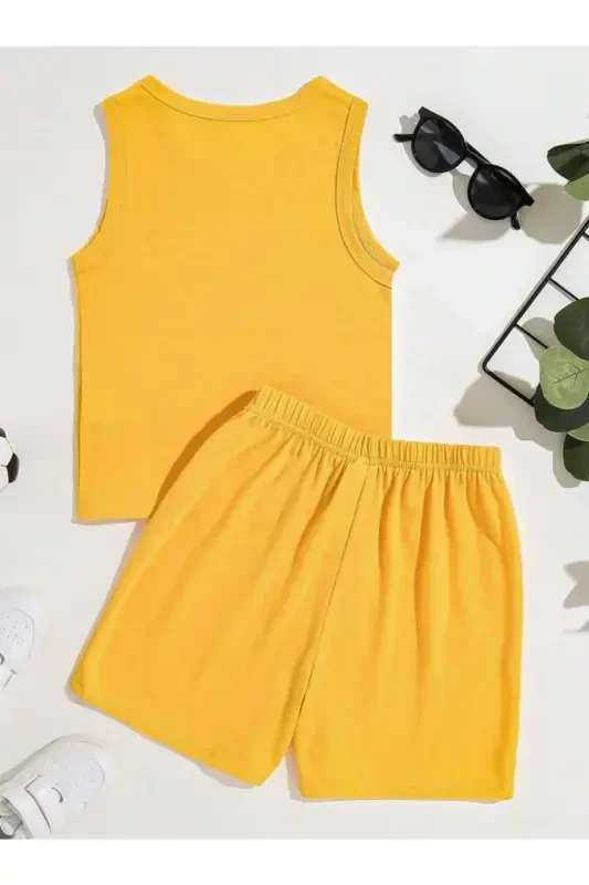 Boys Yellow Cool Boys Teddy Bear Printed Sleeveless T-Shirt-Shorts Set-Yellow - 2