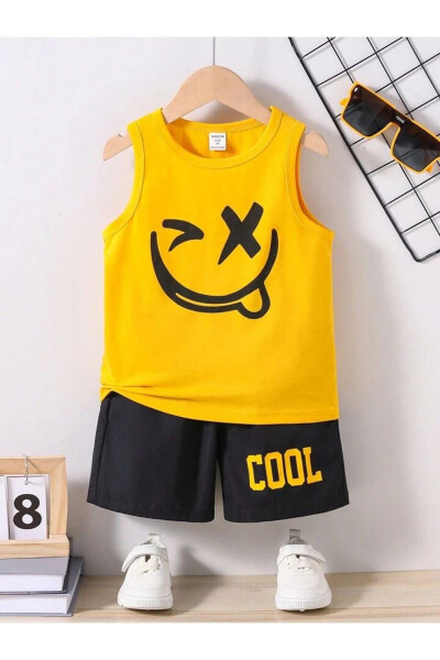 Boys Yellow Cool Smiling Face Printed Sleeveless T-Shirt-Shorts Set 