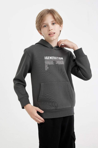 Boys' Zippered Hoodie Thick School Sweatshirt with Pockets and Text Print Charcoal - 1