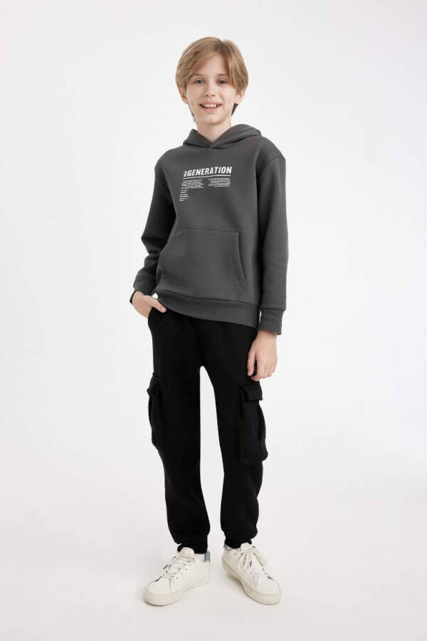 Boys' Zippered Hoodie Thick School Sweatshirt with Pockets and Text Print Charcoal - 2