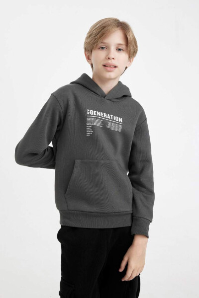 Boys' Zippered Hoodie Thick School Sweatshirt with Pockets and Text Print Charcoal - 3