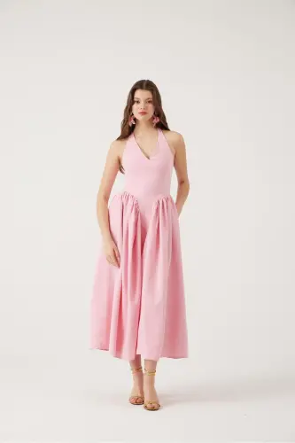 Boyundan Bağlamalı Bele Oturan Uzun Ophelia Elbise Pembe-Pembe 