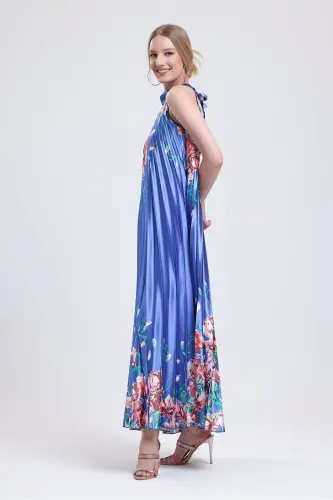 Boyundan Bağlamali Piliseli Dijital Baskili Kolsuz Saten Elbise | Elb34513 Gökkuşağı-Gökkuşağı - 7