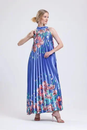 Boyundan Bağlamali Piliseli Dijital Baskili Kolsuz Saten Elbise | Elb34513 Gökkuşağı-Gökkuşağı 