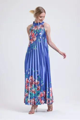 Boyundan Bağlamali Piliseli Dijital Baskili Kolsuz Saten Elbise | Elb34513 Gökkuşağı-Gökkuşağı - 3