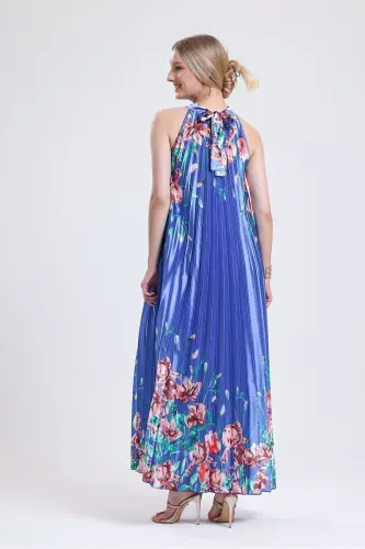 Boyundan Bağlamali Piliseli Dijital Baskili Kolsuz Saten Elbise | Elb34513 Gökkuşağı-Gökkuşağı - 5