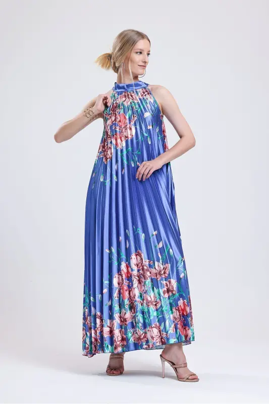 Boyundan Bağlamali Piliseli Dijital Baskili Kolsuz Saten Elbise | Elb34513 Gökkuşağı-Gökkuşağı - 1