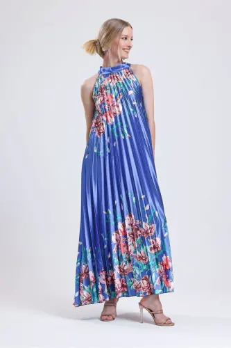 Boyundan Bağlamali Piliseli Dijital Baskili Kolsuz Saten Elbise | Elb34513 Gökkuşağı-Gökkuşağı - SENSE (1)