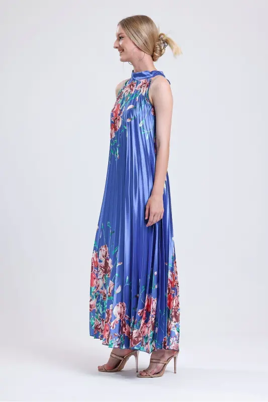 Boyundan Bağlamali Piliseli Dijital Baskili Kolsuz Saten Elbise | Elb34513 Gökkuşağı-Gökkuşağı - 6