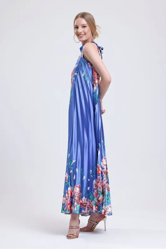 Boyundan Bağlamali Piliseli Dijital Baskili Kolsuz Saten Elbise | Elb34513 Gökkuşağı-Gökkuşağı - 7