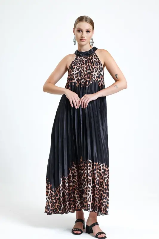 Boyundan Bağlamali Piliseli Dijital Baskili Kolsuz Saten Elbise | Elb34513 Kahve Leopar-Kahve Leopar - 3