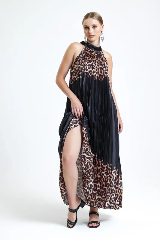 Boyundan Bağlamali Piliseli Dijital Baskili Kolsuz Saten Elbise | Elb34513 Kahve Leopar-Kahve Leopar - 4