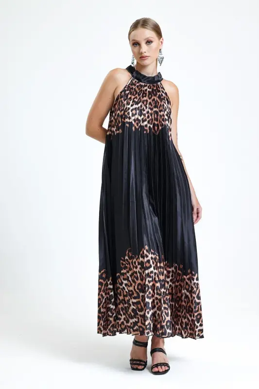 Boyundan Bağlamali Piliseli Dijital Baskili Kolsuz Saten Elbise | Elb34513 Kahve Leopar-Kahve Leopar - 6