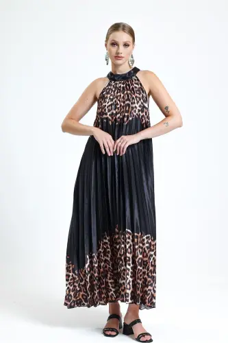 Boyundan Bağlamali Piliseli Dijital Baskili Kolsuz Saten Elbise | Elb34513 Kahve Leopar-Kahve Leopar - 3