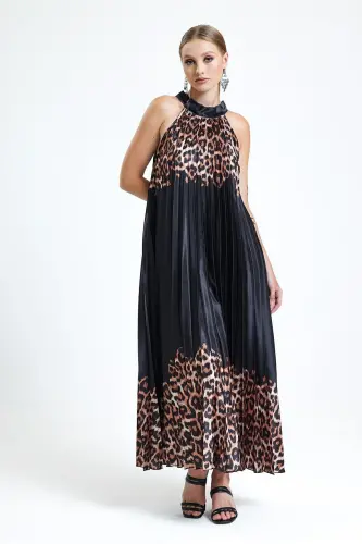 Boyundan Bağlamali Piliseli Dijital Baskili Kolsuz Saten Elbise | Elb34513 Kahve Leopar-Kahve Leopar - 6