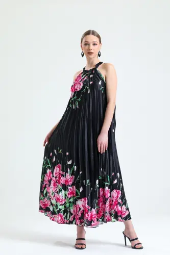 Boyundan Bağlamali Piliseli Dijital Baskili Kolsuz Saten Elbise | Elb34513 Siyah Çiçekli-Siyah Çiçekli - 4