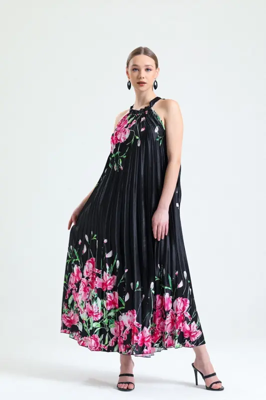 Boyundan Bağlamali Piliseli Dijital Baskili Kolsuz Saten Elbise | Elb34513 Siyah Çiçekli-Siyah Çiçekli - 4