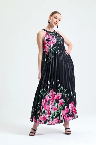 Boyundan Bağlamali Piliseli Dijital Baskili Kolsuz Saten Elbise | Elb34513 Siyah Çiçekli-Siyah Çiçekli - 7