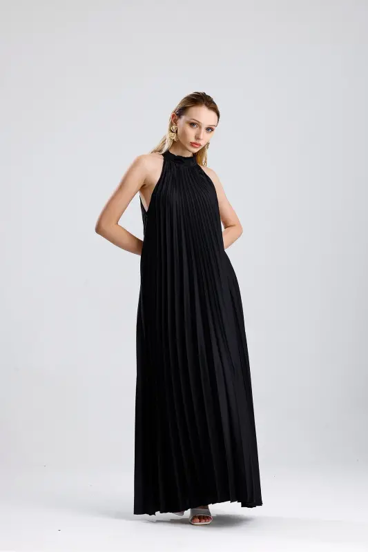 Boyundan Bağlamali Piliseli Dijital Baskili Kolsuz Saten Elbise | Elb34513 Siyah-Siyah - 2