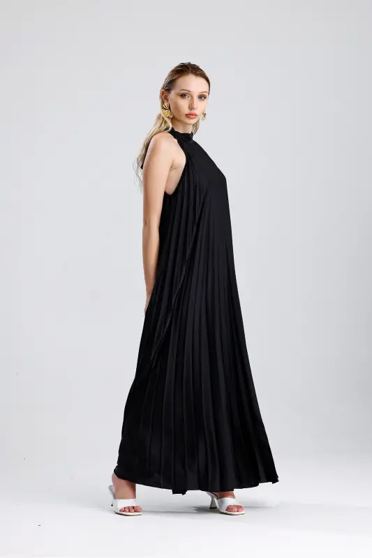 Boyundan Bağlamali Piliseli Dijital Baskili Kolsuz Saten Elbise | Elb34513 Siyah-Siyah - 3