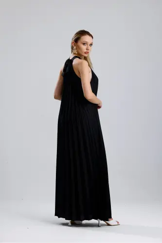 Boyundan Bağlamali Piliseli Dijital Baskili Kolsuz Saten Elbise | Elb34513 Siyah-Siyah - 5