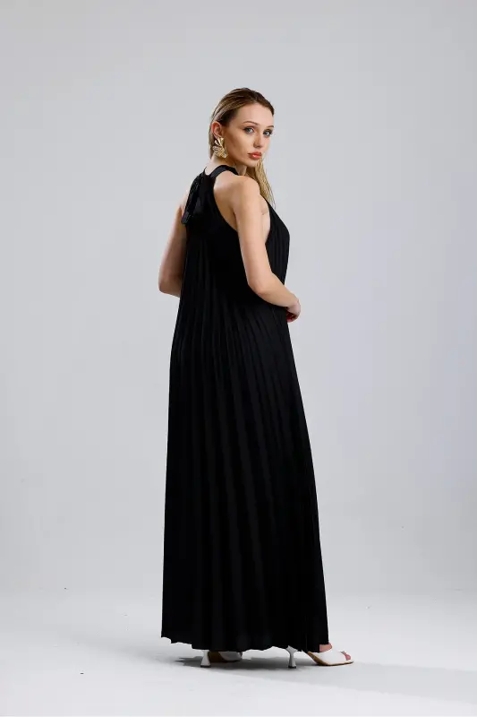 Boyundan Bağlamali Piliseli Dijital Baskili Kolsuz Saten Elbise | Elb34513 Siyah-Siyah - 5