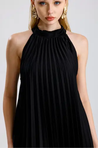 Boyundan Bağlamali Piliseli Dijital Baskili Kolsuz Saten Elbise | Elb34513 Siyah-Siyah - 4