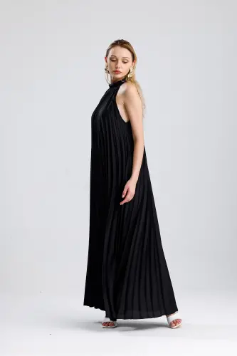 Boyundan Bağlamali Piliseli Dijital Baskili Kolsuz Saten Elbise | Elb34513 Siyah-Siyah - 6