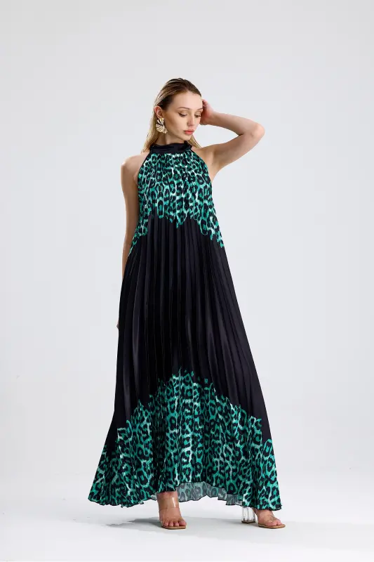 Boyundan Bağlamali Piliseli Dijital Baskili Kolsuz Saten Elbise | Elb34513 Yeşil Leopar-Yeşil Leopar - SENSE