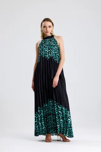 Boyundan Bağlamali Piliseli Dijital Baskili Kolsuz Saten Elbise | Elb34513 Yeşil Leopar-Yeşil Leopar - 3