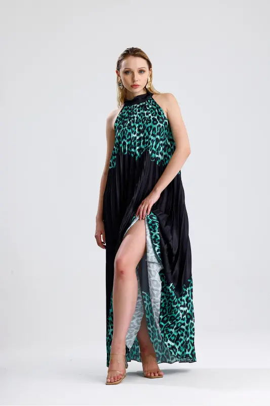 Boyundan Bağlamali Piliseli Dijital Baskili Kolsuz Saten Elbise | Elb34513 Yeşil Leopar-Yeşil Leopar - 4