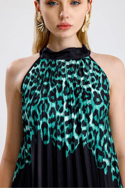 Boyundan Bağlamali Piliseli Dijital Baskili Kolsuz Saten Elbise | Elb34513 Yeşil Leopar-Yeşil Leopar - 6