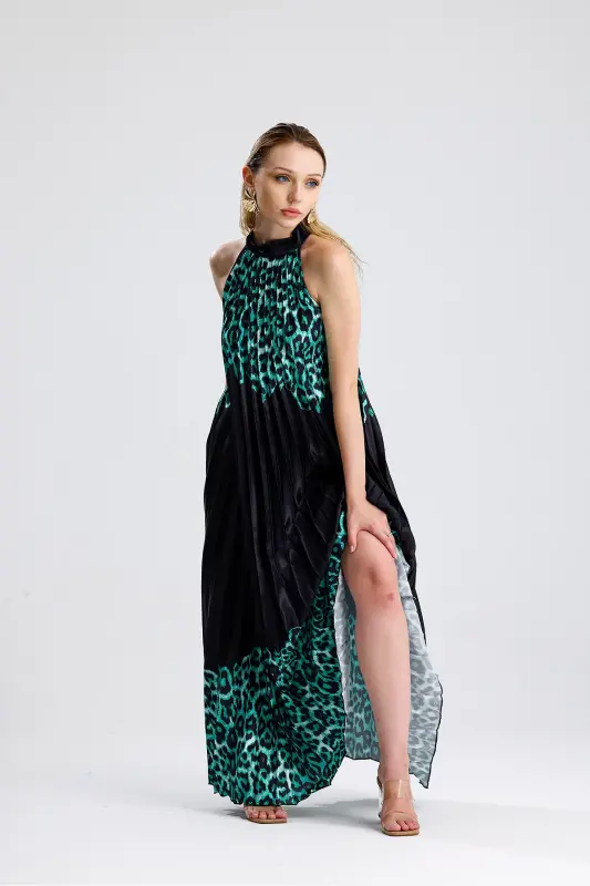 Boyundan Bağlamali Piliseli Dijital Baskili Kolsuz Saten Elbise | Elb34513 Yeşil Leopar-Yeşil Leopar - 7