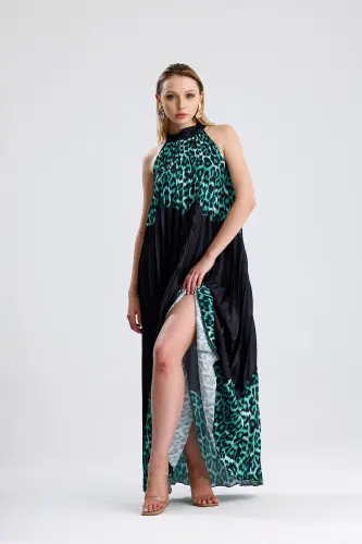 Boyundan Bağlamali Piliseli Dijital Baskili Kolsuz Saten Elbise | Elb34513 Yeşil Leopar-Yeşil Leopar - 4