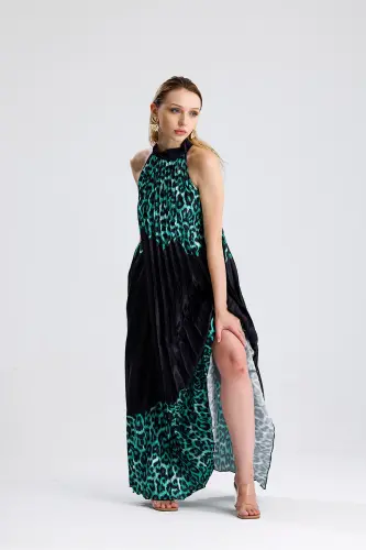 Boyundan Bağlamali Piliseli Dijital Baskili Kolsuz Saten Elbise | Elb34513 Yeşil Leopar-Yeşil Leopar - 7