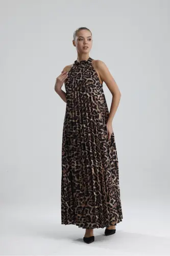 Boyundan Bağlamali Piliseli Kolsuz Saten Elbise | Elb34513 Siyah Kahve Leopar-Siyah Kahve Leopar 