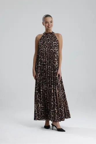 Boyundan Bağlamali Piliseli Kolsuz Saten Elbise | Elb34513 Siyah Kahve Leopar-Siyah Kahve Leopar - 3