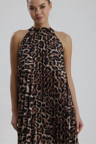 Boyundan Bağlamali Piliseli Kolsuz Saten Elbise | Elb34513 Siyah Kahve Leopar-Siyah Kahve Leopar - 4