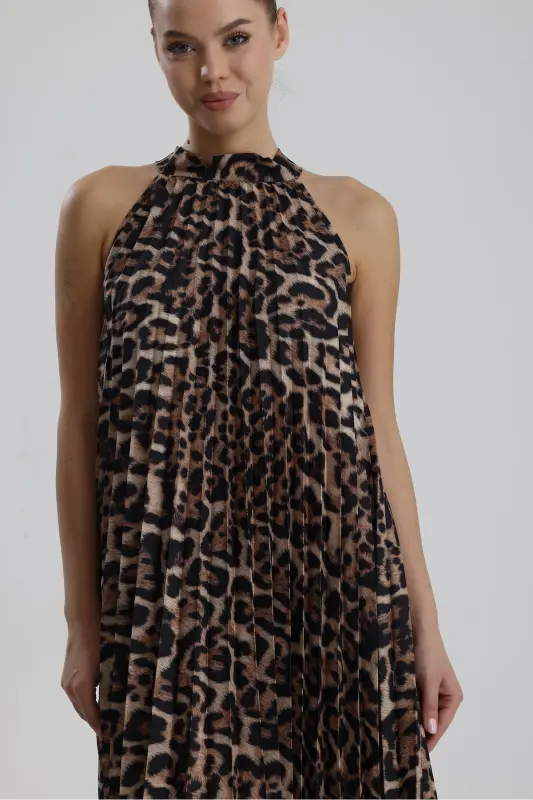 Boyundan Bağlamali Piliseli Kolsuz Saten Elbise | Elb34513 Siyah Kahve Leopar-Siyah Kahve Leopar - 4