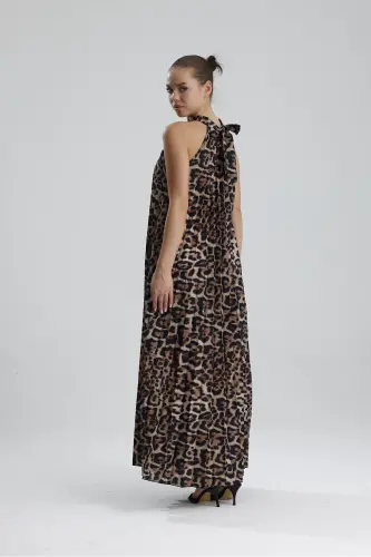 Boyundan Bağlamali Piliseli Kolsuz Saten Elbise | Elb34513 Siyah Kahve Leopar-Siyah Kahve Leopar - 5