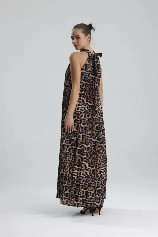 Boyundan Bağlamali Piliseli Kolsuz Saten Elbise | Elb34513 Siyah Kahve Leopar-Siyah Kahve Leopar - 5