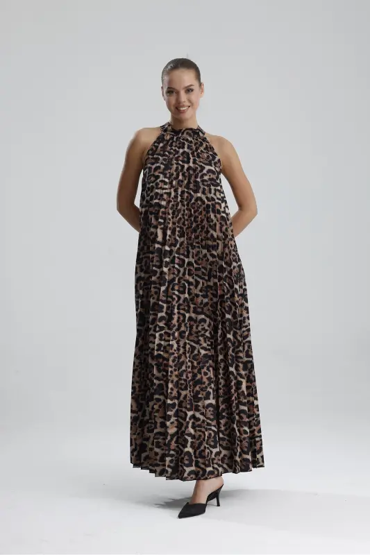 Boyundan Bağlamali Piliseli Kolsuz Saten Elbise | Elb34513 Siyah Kahve Leopar-Siyah Kahve Leopar - 6