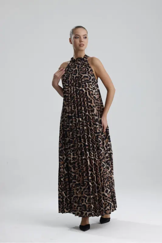 Boyundan Bağlamali Piliseli Kolsuz Saten Elbise | Elb34513 Siyah Kahve Leopar-Siyah Kahve Leopar - 1