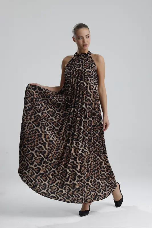 Boyundan Bağlamali Piliseli Kolsuz Saten Elbise | Elb34513 Siyah Kahve Leopar-Siyah Kahve Leopar - 2