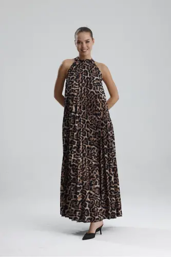 Boyundan Bağlamali Piliseli Kolsuz Saten Elbise | Elb34513 Siyah Kahve Leopar-Siyah Kahve Leopar - 6