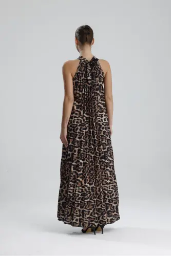 Boyundan Bağlamali Piliseli Kolsuz Saten Elbise | Elb34513 Siyah Kahve Leopar-Siyah Kahve Leopar - 7