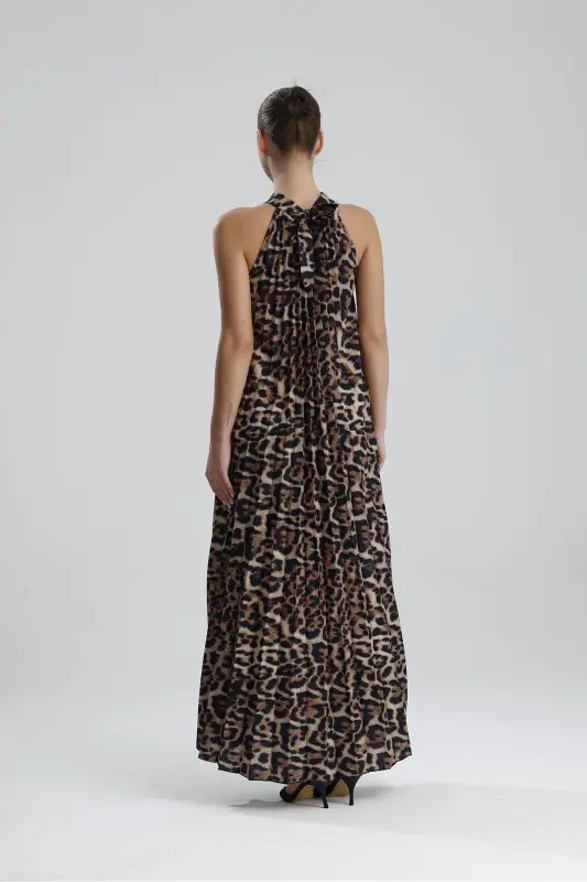 Boyundan Bağlamali Piliseli Kolsuz Saten Elbise | Elb34513 Siyah Kahve Leopar-Siyah Kahve Leopar - 7