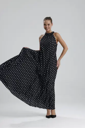 Boyundan Bağlamali Piliseli Kolsuz Saten Elbise | Elb34513 Siyah Puantiyeli-Siyah Puantiyeli - SENSE (1)